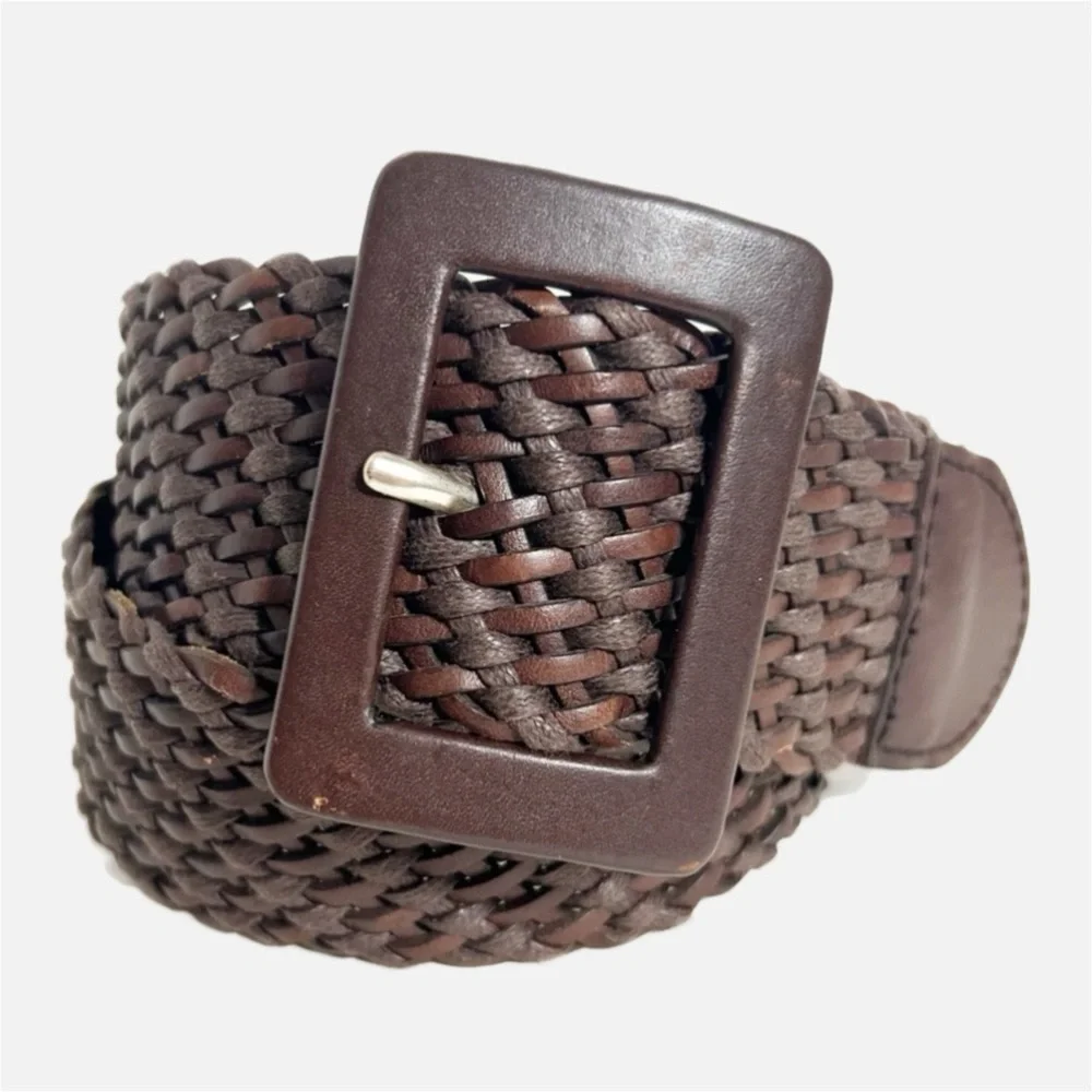 Calvin Klein Oversized Leather Covered Buckle Dark Brown Woven Leather Jute Belt